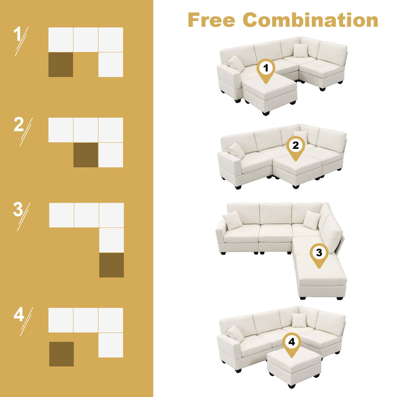 Modern Sectional Sofa, 5-Seat Modular Couch Set With Convertible Ottoman, L-Shape Linen Fabric Corner Couch Set With 2 Pillows For Living Room, Apartment, Office