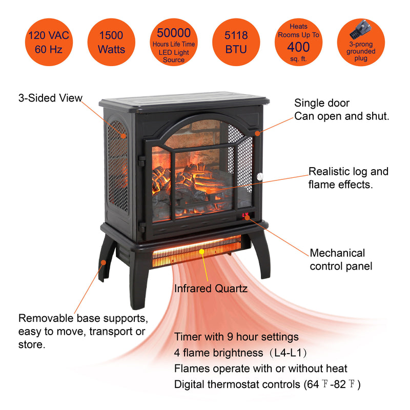 18 Inch 3D Flame Electric Infrared Quartz Fireplace Stove With Remote Control - Black