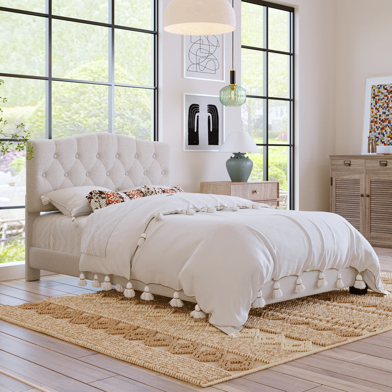 Upholstered Platform Bed with Saddle Curved Headboard and Diamond Tufted Details, Full, Beige