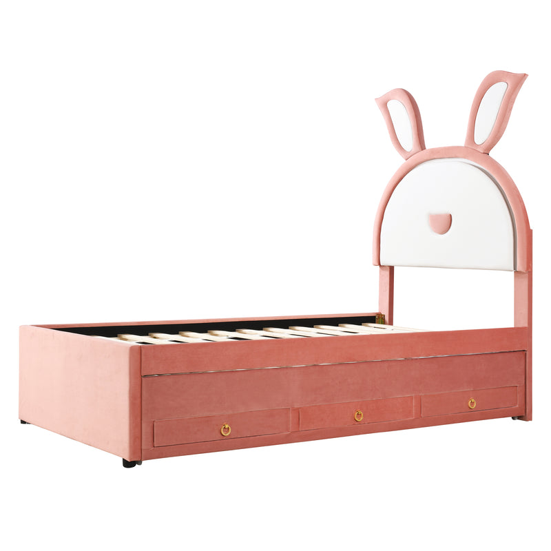 Twin Size Upholstered Platform Bed with Trundle and 3 Drawers, Rabbit-Shaped Headboard with Embedded LED Lights, Pink