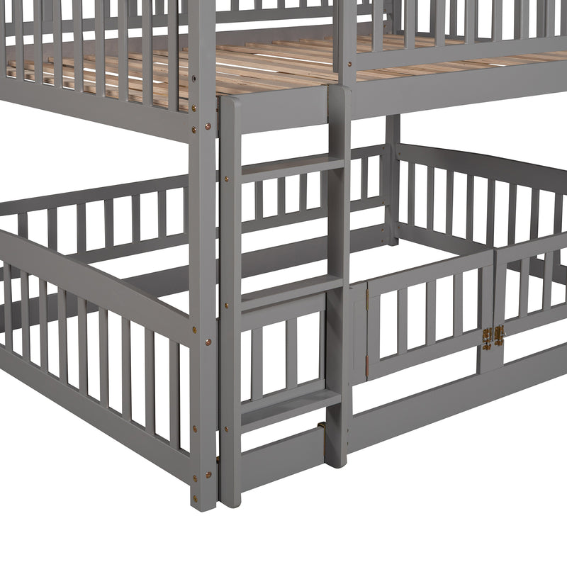 Bunk Bed with Slide,Full Over Full Low Bunk Bed with Fence and Ladder for Toddler Kids Teens Gray