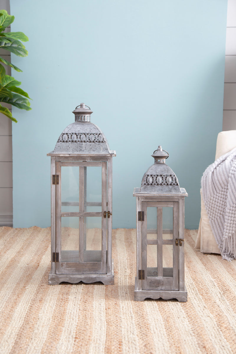 Wooden Candle Lantern Decorative, Hurricane Lantern Holder Decor For Indoor Outdoor, Home Garden Wedding (Set of 2) - Gray