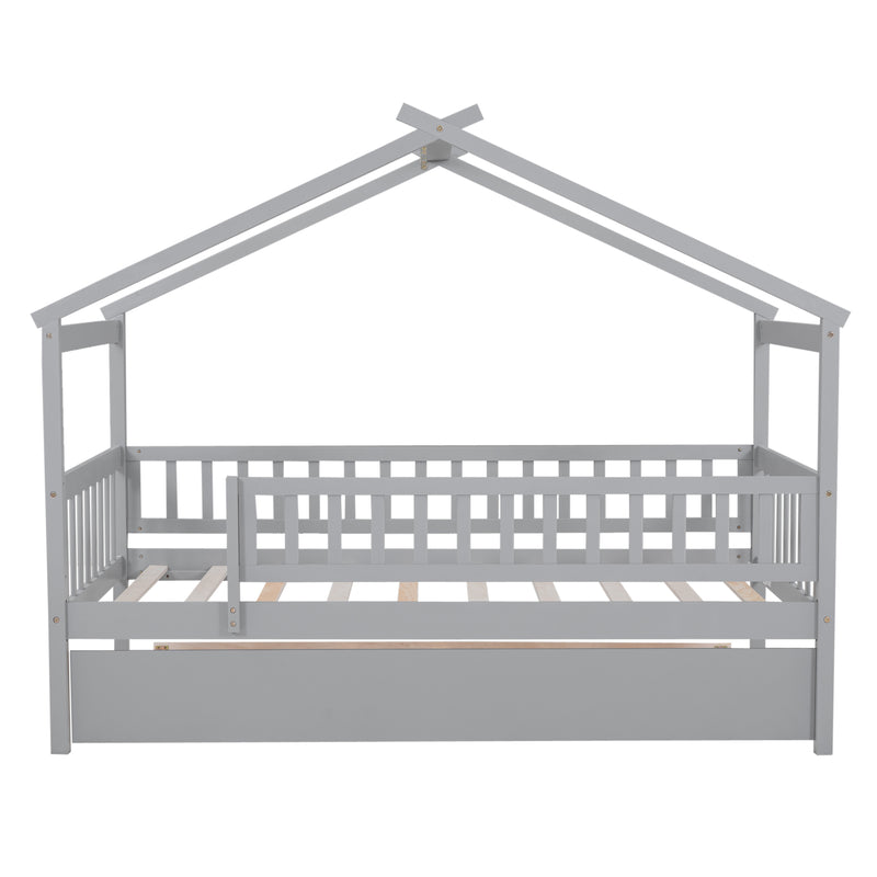 Twin Size Wooden House Bed with Twin Size Trundle, Gray