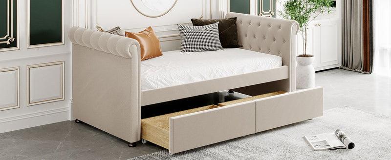 Twin Size Upholstered Daybed With Drawers, Wood Slat Support - Beige