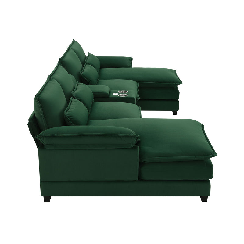 Modern U Shaped Sofa With Console, Cupholders And USB Ports, 6 Seat Upholstered Symmetrical Indoor Furniture, Sleeper Couch Set With Chaise For Living Room, Apartment, 5 Colors - Green