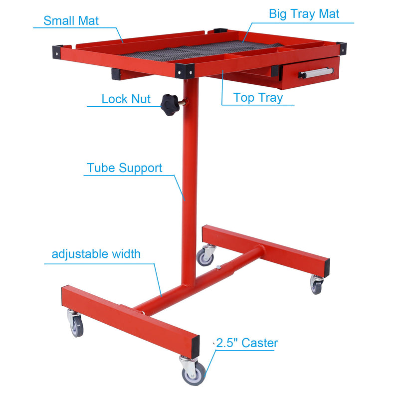 Adjustable Tear Down Work Table With Drawer For Garages, Repair Shops, And Diy, Portable, (4) 2.5" Swivel Casters, 220 Pound Capacity, Rubber Corners, Heavy Duty Steel