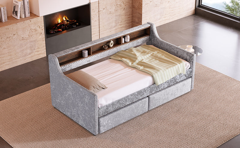 Twin Size Snowflake Velvet Daybed with Two Storage Drawers and Built-in Storage Shelves,Gray