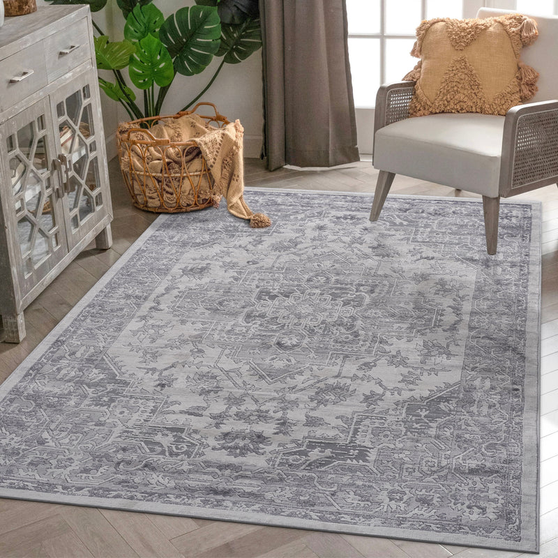 Marfi - 6' x 9' Oriental Non-Shedding Living Room Bedroom Dining Home Office Stylish And Stain Resistant Area Rug - Silver