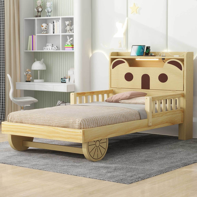 Twin Size Car Bed with Bear-Shaped Headboard, USB and LED, Natural