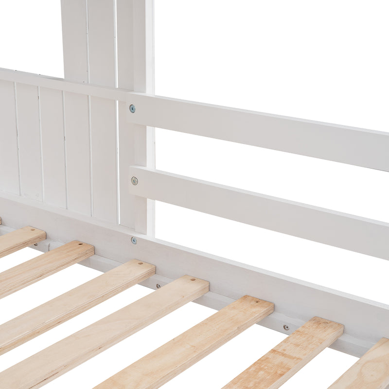 Wooden Twin Over Full Bunk Bed, Loft Bed with Playhouse, Farmhouse, Ladder, Slide and Guardrails, White(OLD SKU :LT000028AAK)