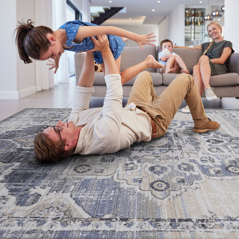 5' x 7' Medallion Non-Shedding Living Room Bedroom Dining Home Office Stylish And Stain Resistant Area Rug - Cream / Blue