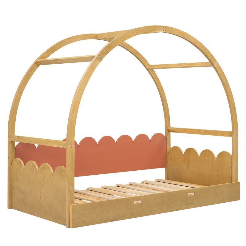 Twin size stretchable vaulted roof bed, children's bed pine wood frame, natural and orange