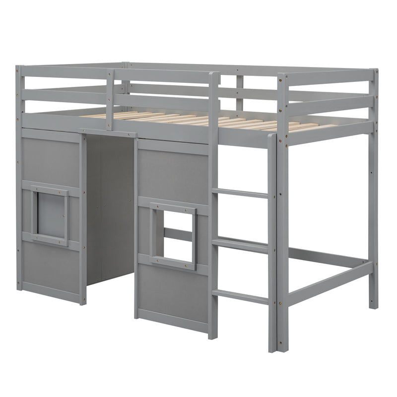 Wood Twin Size Loft Bed with Built-in Storage Wardrobe and 2 Windows, Gray