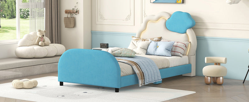 Twin Size Upholstered Platform Bed with Cloud-Shaped Headboard and Embedded Light Stripe, Velvet, Blue