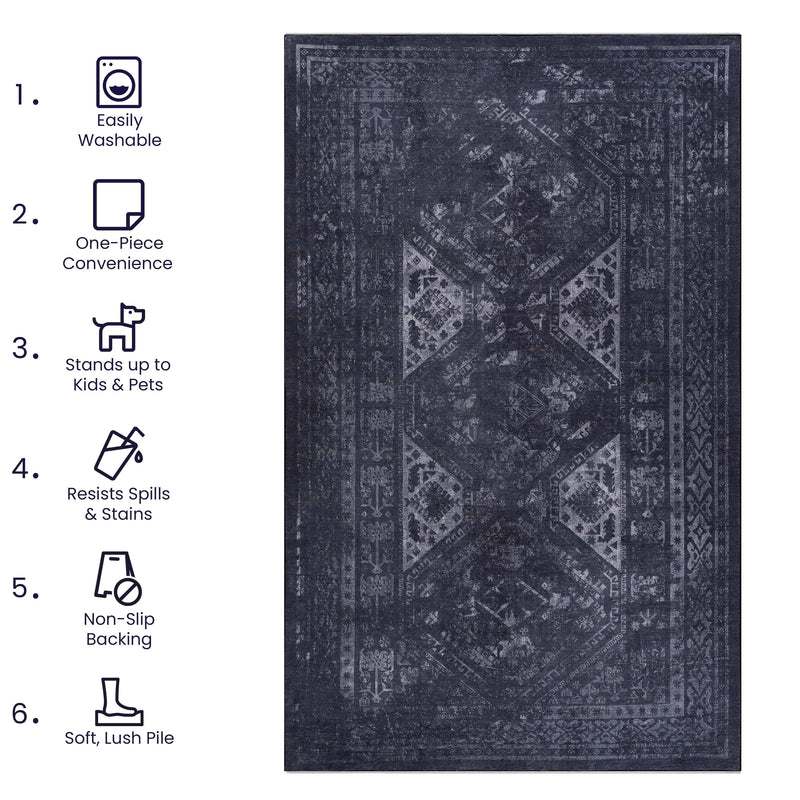 5' x 8' Area Rug, Washable Rug, Low-Pile, Non-Slip, Non-Shedding, Foldable, Kid & Pet Friendly Area Rugs For Living Room, Bedroom, Kitchen, Dining Room Rug, Perfect Gifts - Black / Gray