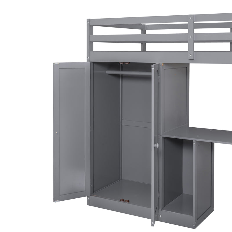 Twin Size Loft Bed with Wardrobe and Staircase, Desk and Storage Drawers and Cabinet in 1,Gray