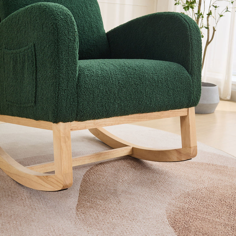 Rocking Chair For Nursery, Sherpa Glider Chair With High Back And Side Pocket, Rocking Accent Armchair With Rubber Wood Legs For Living Room / Bedroom