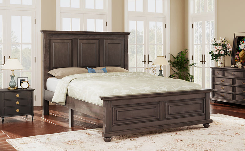 Traditional Town and Country Style Pinewood Vintage Queen Bed, Rich Brown