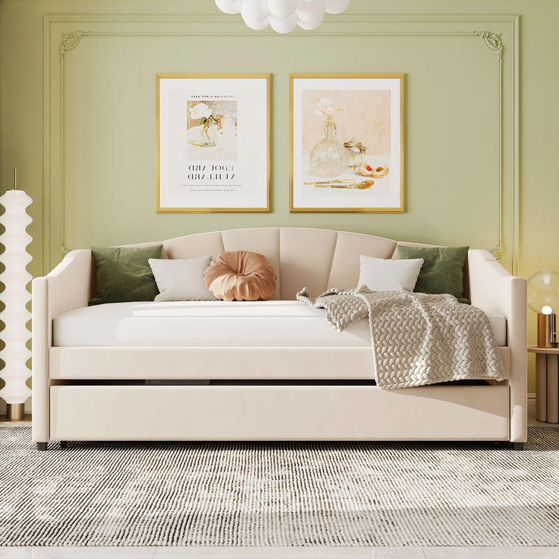 Upholstered Daybed Sofa Bed Twin Size With Trundle Bed and Wood Slat ,Beige