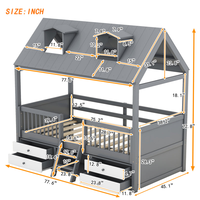 Twin Size Wood Bed House Bed Frame,Gray