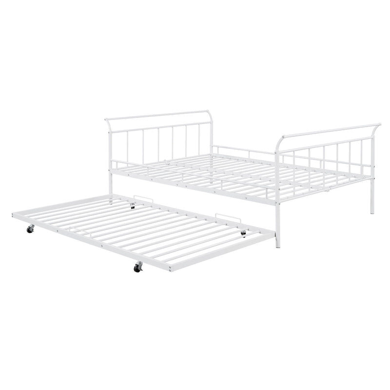 Full Size Metal Daybed With Curved Handle Design And Twin Size Trundle - White