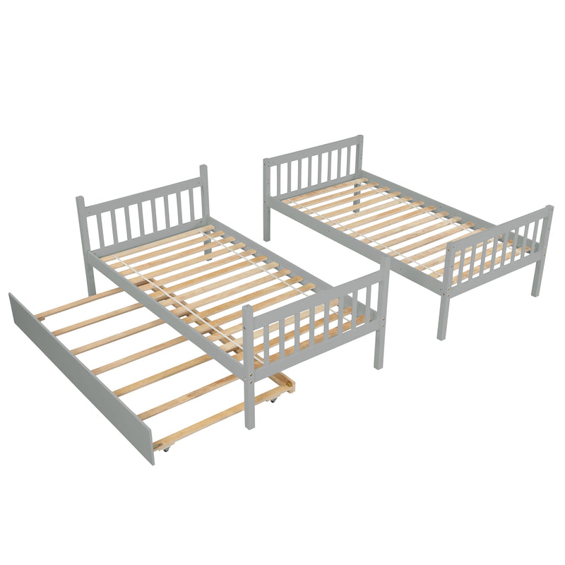 Twin Over Twin Bunk Beds With Trundle, Solid Wood Trundle Bed Frame With Safety Rail And Ladder, Kids / Teens Bedroom, Guest Room Furniture, Can Be Converted Into 2 Beds - Gray