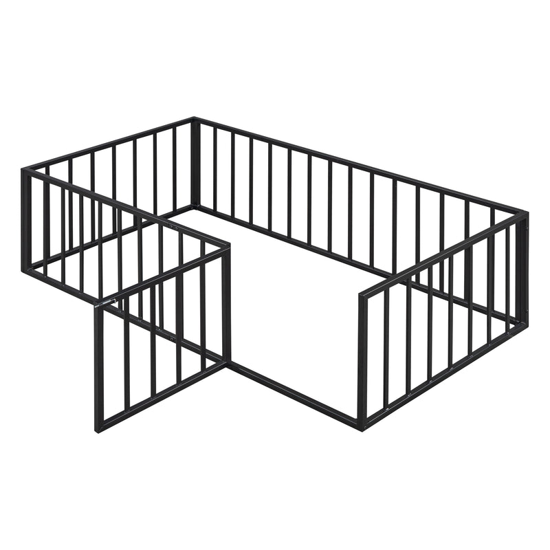 Twin Size Metal Floor Bed Frame with Fence and Door, Black