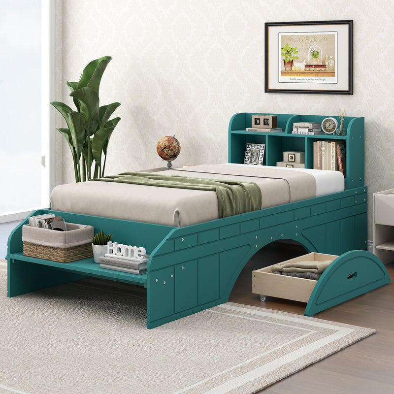 Wood Twin Size Platform Bed with 2 Drawers, Storage  Headboard and Footboard, Dark Green