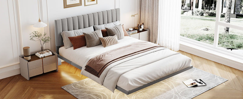 Queen Size Upholstered Bed With Sensor Light And Headboard, Floating Velvet Platform Bed - Gray