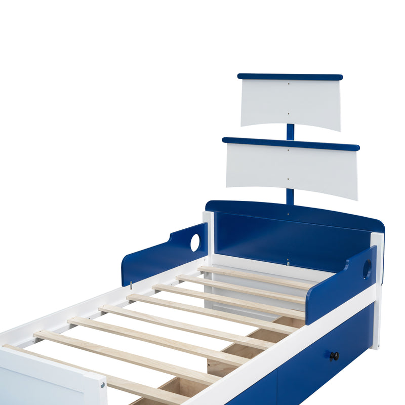 Twin Size Boat-Shaped Platform Bed with 2 Drawers ,Twin Bed with Storage for Bedroom,Blue