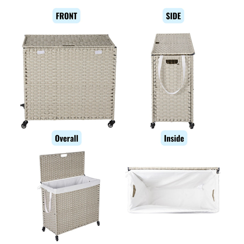 Laundry Hamper With Lid PE Rattan Powder Coating Frame Clothes Hampers With 2 Removable Bags