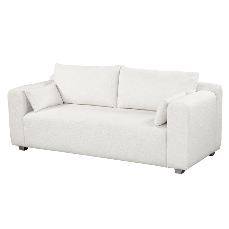 Modern Loop Yarn Sofa, One Piece Seat Frame, Minimalist 2-3 Seat Couch Easy To Install, Loveseats With Extra Wide Domed Arms For Living Room (2 Pillows) - White