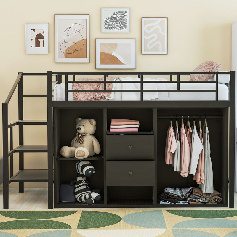 Twin Size Metal Loft Bed with Drawers, Storage Staircase and Small Wardrobe