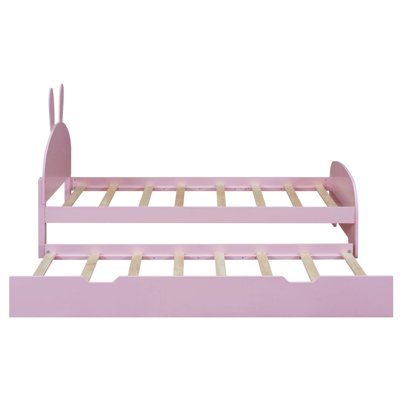 Wood Twin Size Platform Bed with Cartoon Ears Shaped Headboard and Trundle, Pink