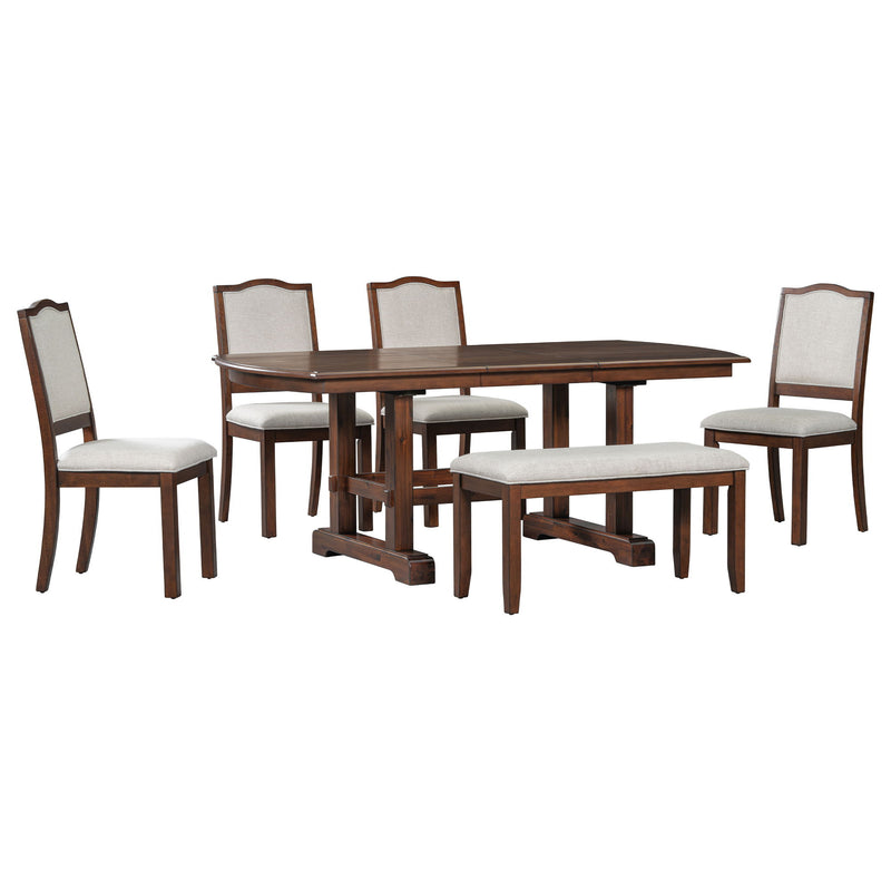 Extendable Wood Dining Table With Removable Leaf, Kitchen Table Set With 4 Upholstered Side Chair And Bench, Dining Table Set For 6 - Cherry