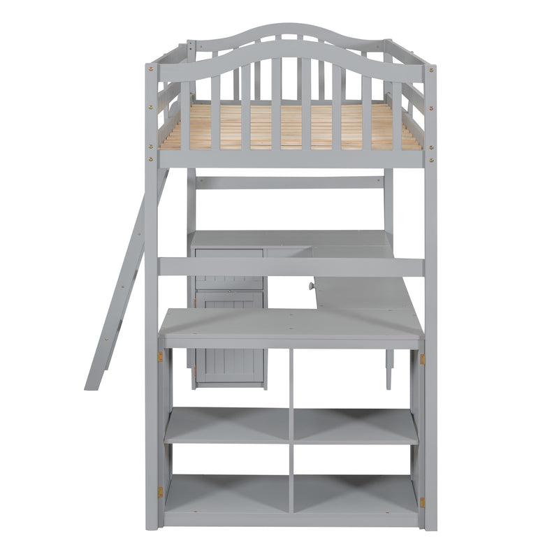 Twin size Loft Bed with Drawers, Cabinet, Shelves and Desk, Wooden Loft Bed with Desk - Gray(OLD SKU :LT000505AAE)