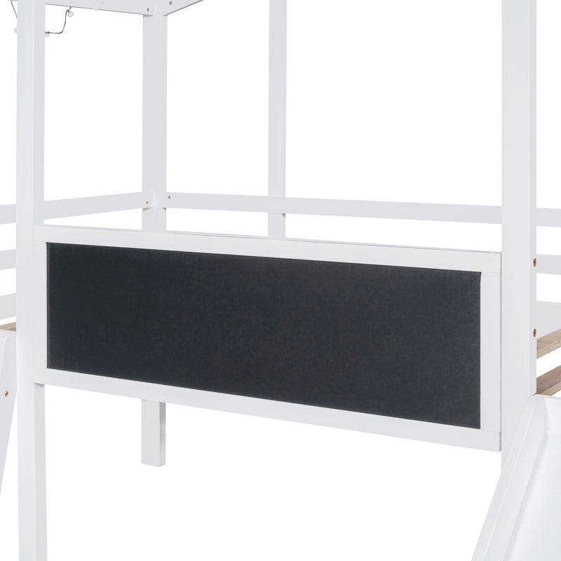 Twin Size Loft Bed with Ladder and Slide, House Bed with Blackboard and Light Strip on the Roof, White