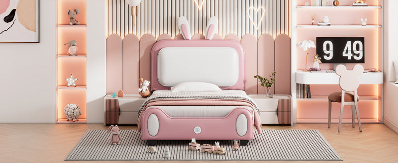 Twin size Upholstered Rabbit-Shape Princess Bed ,Twin Size Platform Bed with Headboard and Footboard,White+Pink