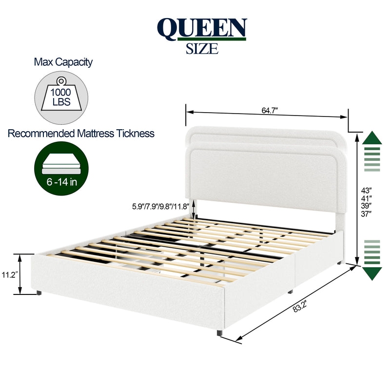 Liv - Patented 2-Drawers Queen Upholstered Storage Platform Bed - Ivory Boucle