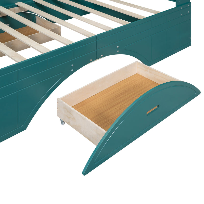 Wood Full Size Platform Bed with 2 Drawers, Storage  Headboard and Footboard, Dark Green