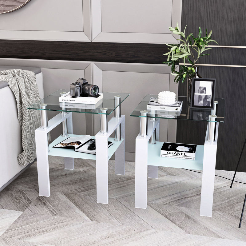 Modern Tempered Glass Tea Table, End Square Table For Living Room (Set of 2) - Transparent / White