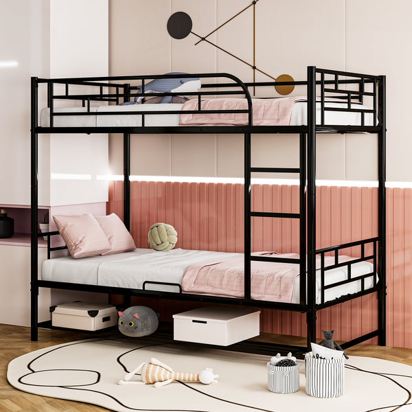 Twin Over Twin Metal Bunk Bed with Shelf and Guardrails, Black