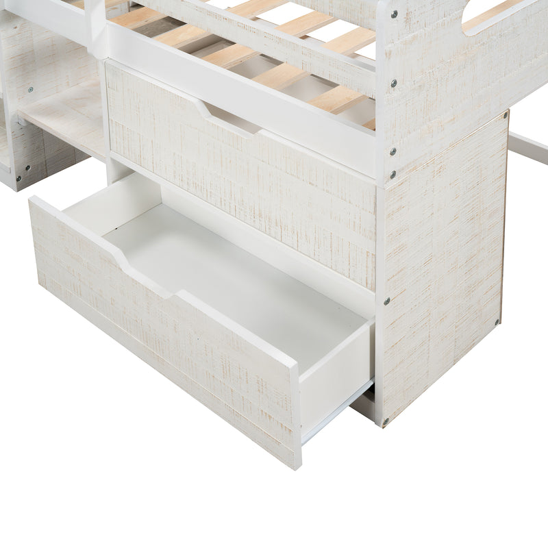 Twin size Loft Bed with Two Shelves and Two drawers (Antique White)