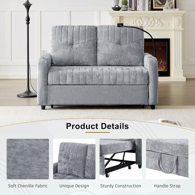 Modern Loveseat Pull Out Sofa Bed With Adjustable Backrest, Two Cup Holders, A Phone Holder, Three Charging Ports And Side Storage Pockets For Living Room