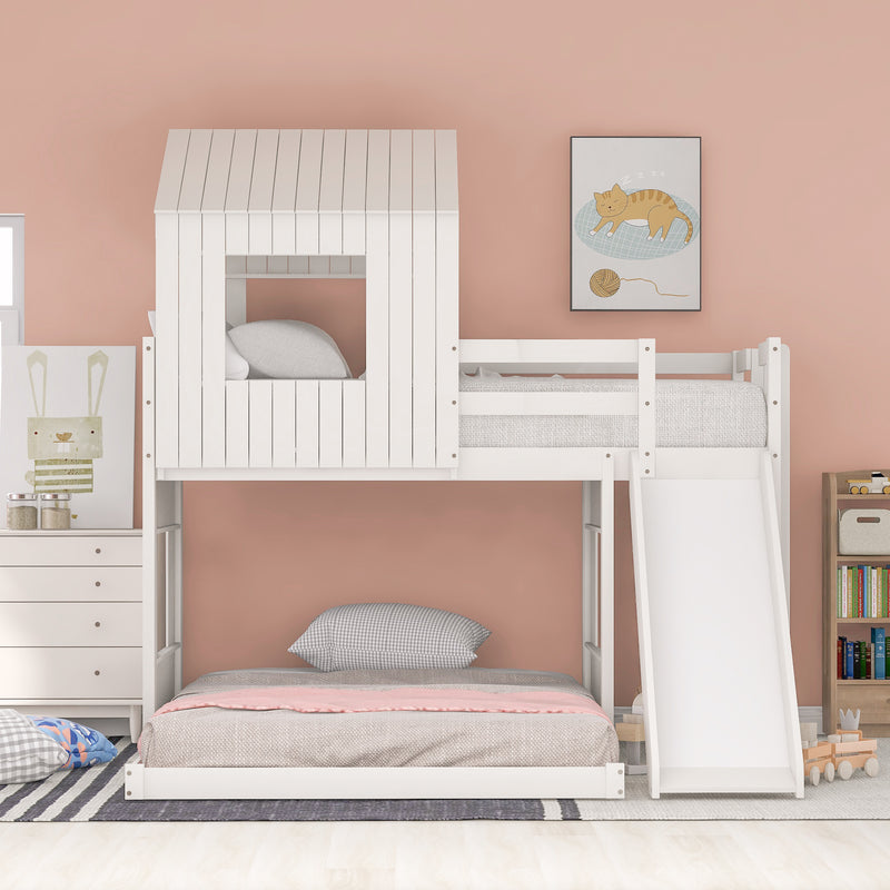 Wooden Twin Over Full Bunk Bed, Loft Bed with Playhouse, Farmhouse, Ladder, Slide and Guardrails, White(OLD SKU :LT000028AAK)