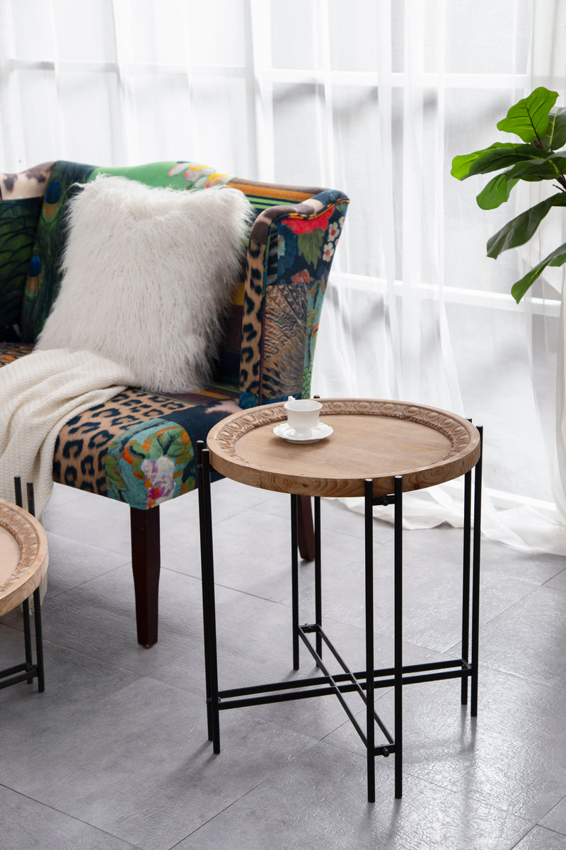 Round Side Table With Wood Top, End Table For Living Room Bedroom - Black Brown