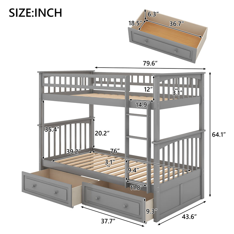 Twin over Twin Bunk Bed with Drawers, Convertible Beds, Gray(Old SKU: SM000240AAE-1)