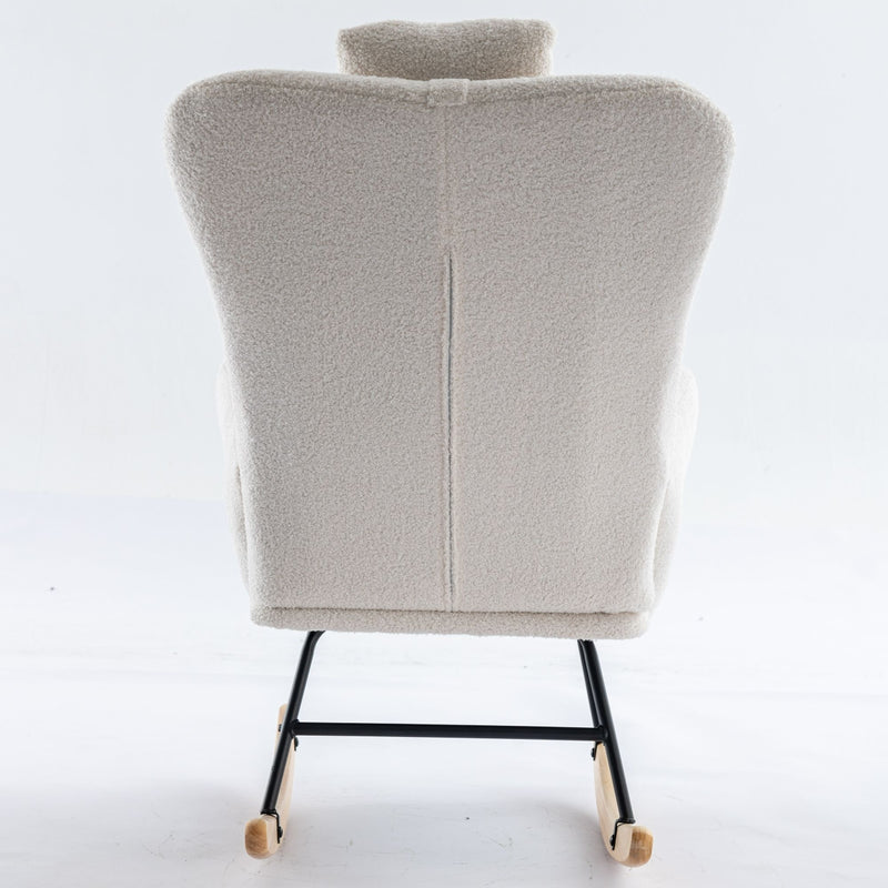 Rocking Chair With Pocket, Soft Teddy Fabric Rocking Chair For Nursery, Comfy Wingback Glider Rocker With Safe Solid Wood Base