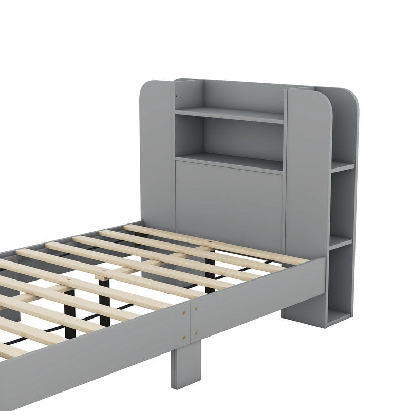 Twin Size Platform Bed with Storage Headboard,Multiple Storage Shelves on Both Sides,Grey