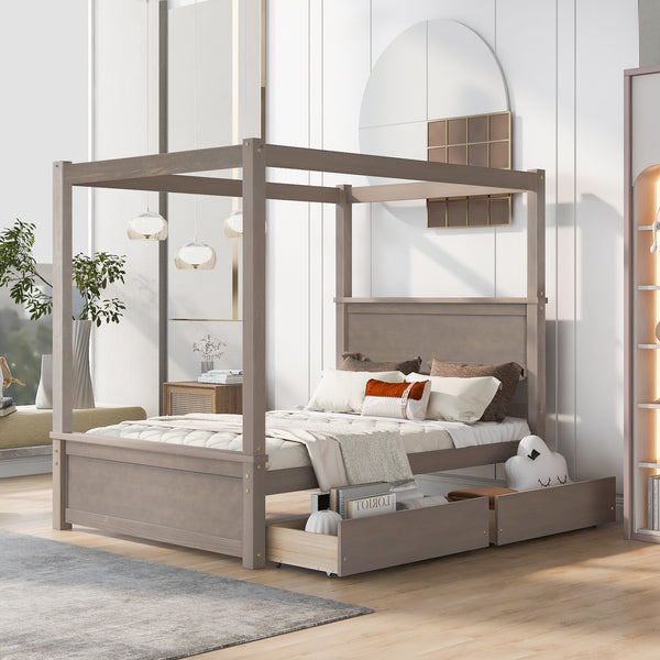 Wood Canopy Bed with two Drawers, Full Size Canopy Platform bed With Support Slats .No Box Spring Needed, Brushed Light Brown